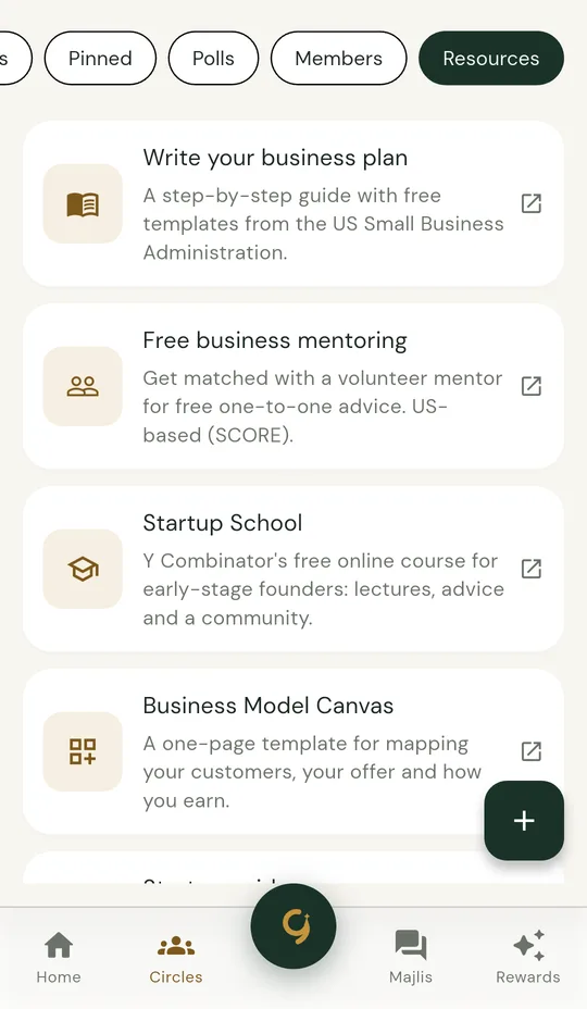 The Resources tab of the Business and Founders Circle with guides, mentoring and templates
