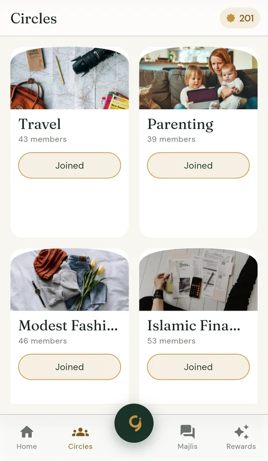 The Circles screen with Travel, Parenting, Modest Fashion and Islamic Finance