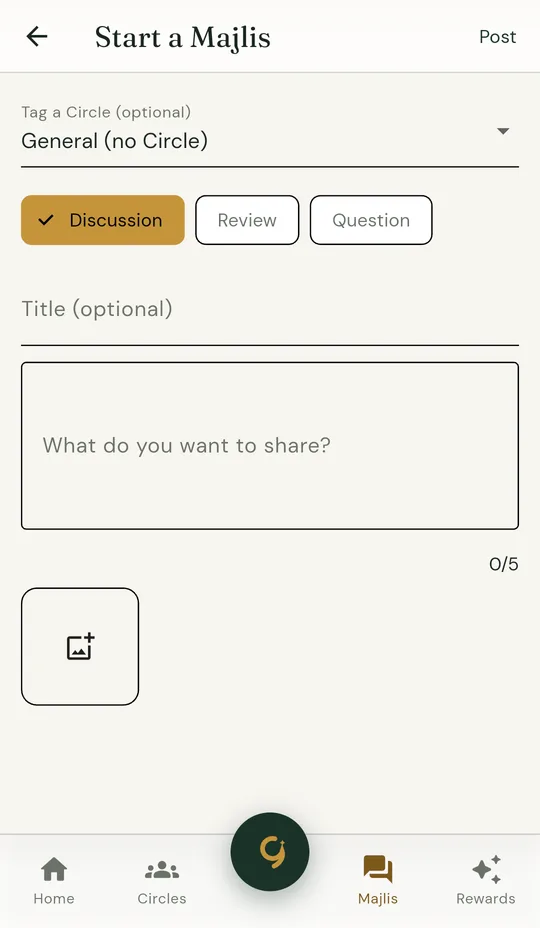 The Start a Majlis screen with Circle tag, post type and up to 5 photos