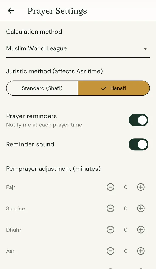 Prayer settings with calculation method, juristic method and per-prayer adjustments