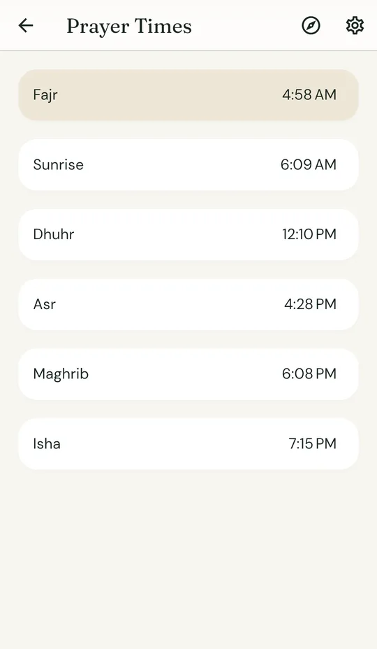 Prayer times with the next prayer countdown and calculation method