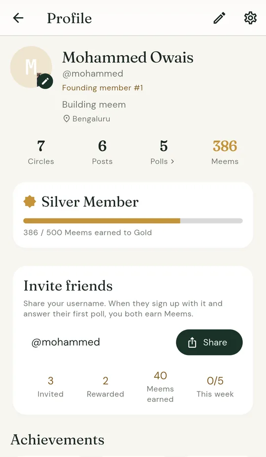 A member profile with founding member number, Meems and level progress